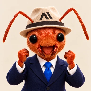 An excited ant celebrating with both fists raised.
