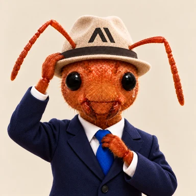 An ant trying to stay calm while adjusting his hat and tie.