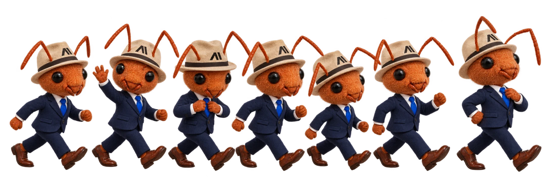 Seven formally dressed orange ants march together, looking much more important than their size suggests.