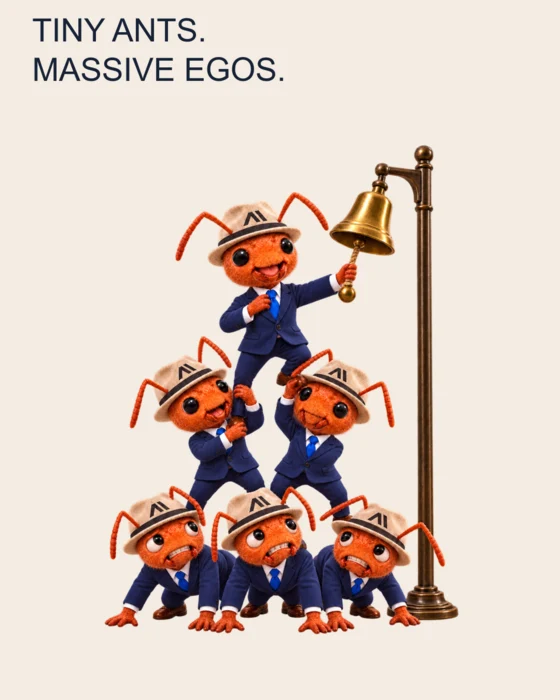 Tiny ants. Massive egos. Six ants work together to ring an enormous bell.