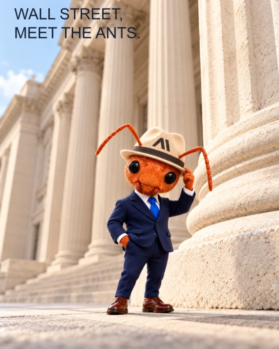 Wall Street, meet the ants. One tiny suited ant tips his hat beside a huge stone column.